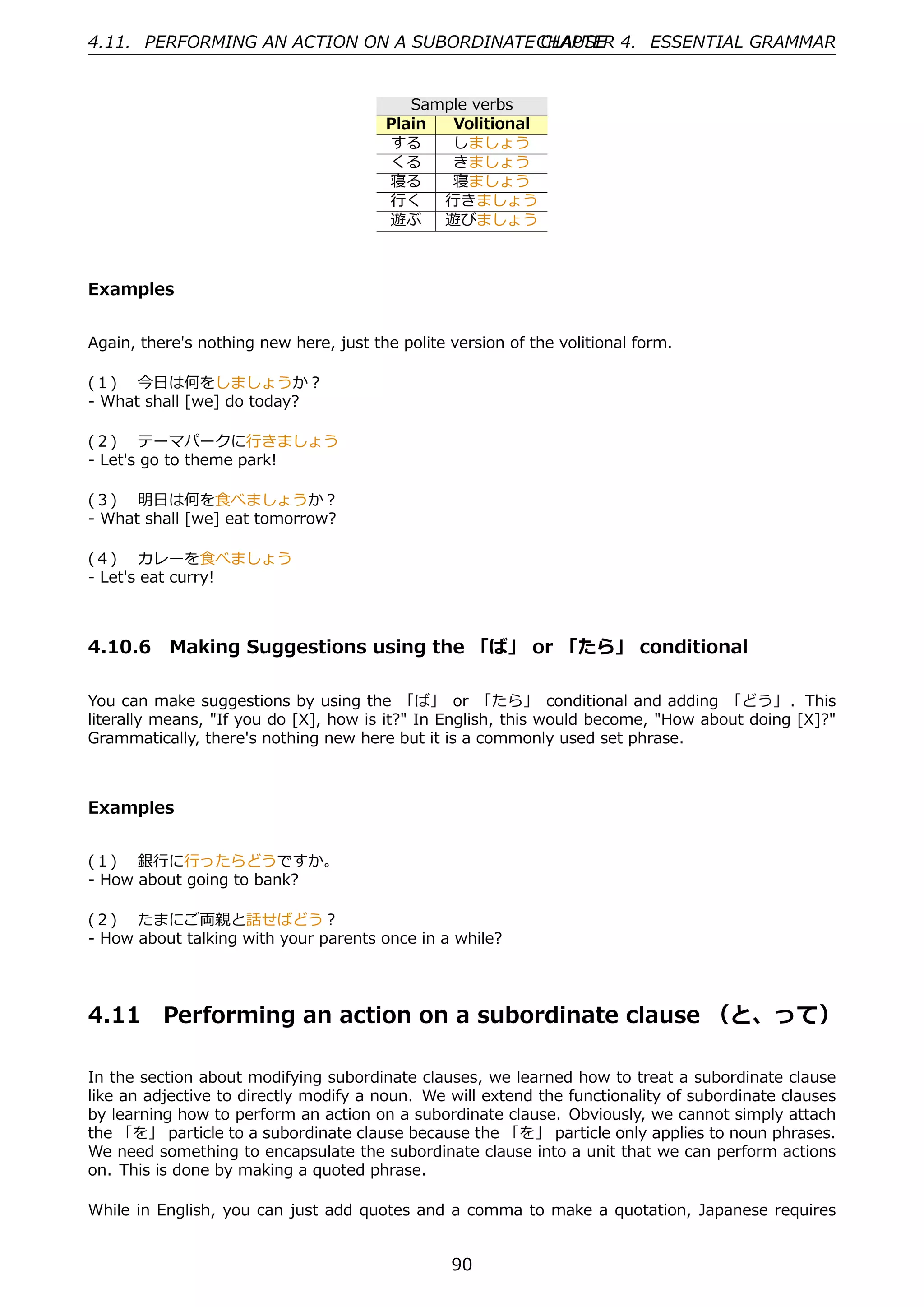 4.11. PERFORMING AN ACTION ON A SUBORDINATE CHAPTER 4. ESSENTIAL GRAMMAR
                                            CLAUSE


                                           Sample verbs
                                        Plain  Volitional
                                        する     しましょう
                                        くる     きましょう
                                        寝る     寝ましょう
                                        ⾏く    ⾏きましょう
                                        遊ぶ    遊びましょう



Examples


Again, there's nothing new here, just the polite version of the volitional form.

(１)  今⽇は何をしましょうか？
- What shall [we] do today?

(２)  テーマパークに⾏きましょう
- Let's go to theme park!

(３)  明⽇は何を⾷べましょうか？
- What shall [we] eat tomorrow?

(４)  カレーを⾷べましょう
- Let's eat curry!



4.10.6 Making Suggestions using the 「ば」 or 「たら」 conditional

You can make suggestions by using the 「ば」 or 「たら」 conditional and adding 「どう」 . This
literally means, "If you do [X], how is it?" In English, this would become, "How about doing [X]?"
Grammatically, there's nothing new here but it is a commonly used set phrase.



Examples


(１)  銀⾏に⾏ったらどうですか。
- How about going to bank?

(２)  たまにご両親と話せばどう？
- How about talking with your parents once in a while?




4.11      Performing an action on a subordinate clause （と、って）

In the section about modifying subordinate clauses, we learned how to treat a subordinate clause
like an adjective to directly modify a noun. We will extend the functionality of subordinate clauses
by learning how to perform an action on a subordinate clause. Obviously, we cannot simply attach
the 「を」 particle to a subordinate clause because the 「を」 particle only applies to noun phrases.
We need something to encapsulate the subordinate clause into a unit that we can perform actions
on. This is done by making a quoted phrase.

While in English, you can just add quotes and a comma to make a quotation, Japanese requires


                                                 90
 