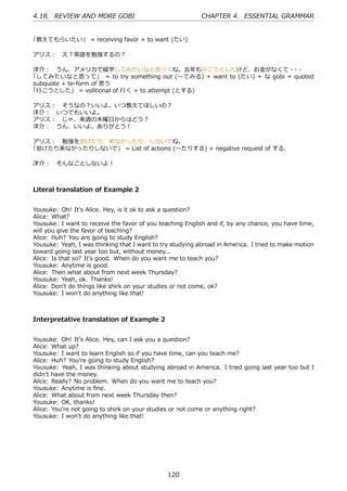 4.18. REVIEW AND MORE GOBI                                 CHAPTER 4. ESSENTIAL GRAMMAR


「教えてもらいたい」 = receiving favor + to want (たい)

アリス： え？英語を勉強するの？

洋介： うん、アメリカで留学してみたいなと思ってね。去年も⾏こうとしたけど、お⾦がなくて・ ・                     ・
「してみたいなと思って」 = to try something out (〜てみる) + want to (たい) + な gobi + quoted
subquote + te-form of 思う
「⾏こうとした」 = volitional of ⾏く + to attempt (とする)

アリス： そうなの？いいよ。いつ教えてほしいの？
洋介： いつでもいいよ。
アリス： じゃ、来週の⽊曜⽇からはどう？
洋介： うん、いいよ。ありがとう！

アリス： 勉強を怠けたり、来なかったり、しないでね。
「怠けたり来なかったりしないで」 = List of actions (〜たりする) + negative request of する.

洋介： そんなことしないよ！



Literal translation of Example 2


Yousuke: Oh! It's Alice. Hey, is it ok to ask a question?
Alice: What?
Yousuke: I want to receive the favor of you teaching English and if, by any chance, you have time,
will you give the favor of teaching?
Alice: Huh? You are going to study English?
Yousuke: Yeah, I was thinking that I want to try studying abroad in America. I tried to make motion
toward going last year too but, without money...
Alice: Is that so? It's good. When do you want me to teach you?
Yousuke: Anytime is good.
Alice: Then what about from next week Thursday?
Yousuke: Yeah, ok. Thanks!
Alice: Don't do things like shirk on your studies or not come, ok?
Yousuke: I won't do anything like that!



Interpretative translation of Example 2


Yousuke: Oh! It's Alice. Hey, can I ask you a question?
Alice: What up?
Yousuke: I want to learn English so if you have time, can you teach me?
Alice: Huh? You're going to study English?
Yousuke: Yeah, I was thinking about studying abroad in America. I tried going last year too but I
didn't have the money.
Alice: Really? No problem. When do you want me to teach you?
Yousuke: Anytime is ﬁne.
Alice: What about from next week Thursday then?
Yousuke: OK, thanks!
Alice: You're not going to shirk on your studies or not come or anything right?
Yousuke: I won't do anything like that!




                                               120
 
