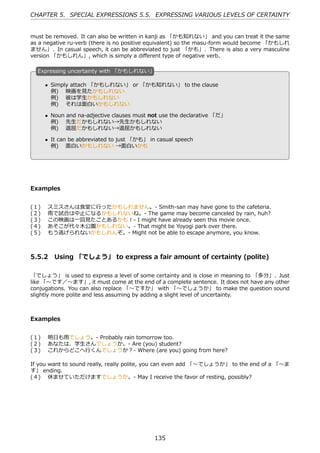 CHAPTER 5. SPECIAL EXPRESSIONS 5.5. EXPRESSING VARIOUS LEVELS OF CERTAINTY


must be removed. It can also be written in kanji as 「かも知れない」 and you can treat it the same
as a negative ru-verb (there is no positive equivalent) so the masu-form would become 「かもしれ
ません」. In casual speech, it can be abbreviated to just 「かも」. There is also a very masculine
version 「かもしれん」, which is simply a diﬀerent type of negative verb.

  E
  . xpressing uncertainty with 「かもしれない」

      • Simply attach 「かもしれない」 or 「かも知れない」 to the clause
        例)  映画を⾒たかもしれない
        例)  彼は学⽣かもしれない
        例)  それは⾯⽩いかもしれない

 .                                             .
      • Noun and na-adjective clauses must not use the declarative 「だ」
        例)  先⽣だかもしれない→先⽣かもしれない
        例)  退屈だかもしれない→退屈かもしれない

      • It can be abbreviated to just 「かも」 in casual speech
        例)  ⾯⽩いかもしれない →⾯⽩いかも




Examples


(１)    スミスさんは⾷堂に⾏ったかもしれません。- Smith-san may have gone to the cafeteria.
(２)    ⾬で試合は中⽌になるかもしれないね。- The game may become canceled by rain, huh?
(３)    この映画は⼀回⾒たことあるかも！- I might have already seen this movie once.
(４)    あそこが代々⽊公園かもしれない。- That might be Yoyogi park over there.
(５)    もう逃げられないかもしれんぞ。- Might not be able to escape anymore, you know.



5.5.2 Using 「でしょう」 to express a fair amount of certainty (polite)

「でしょう」 is used to express a level of some certainty and is close in meaning to 「多分」. Just
like 「〜です／〜ます」, it must come at the end of a complete sentence. It does not have any other
conjugations. You can also replace 「〜ですか」 with 「〜でしょうか」 to make the question sound
slightly more polite and less assuming by adding a slight level of uncertainty.



Examples


(１)  明⽇も⾬でしょう。- Probably rain tomorrow too.
(２)  あなたは、学⽣さんでしょうか。- Are (you) student?
(３)  これからどこへ⾏くんでしょうか？- Where (are you) going from here?

If you want to sound really, really polite, you can even add 「〜でしょうか」 to the end of a 「〜ま
す」 ending.
(４)  休ませていただけますでしょうか。- May I receive the favor of resting, possibly?




                                             135
 