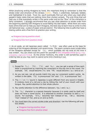 2.3. HIRAGANA                                          CHAPTER 2. THE WRITING SYSTEM


When practicing writing Hiragana by hand, the important thing to remember is that the
stroke order and direction of the strokes matter. There, I underlined, italicized, bolded,
and highlighted it to boot. Trust me, you'll eventually ﬁnd out why when you read other
people's hasty notes that are nothing more than chicken scrawls. The only thing that will
help you is that everybody writes in the same order and so the "ﬂow" of the characters is
fairly consistent. I strongly recommend that you pay close attention to stroke order from
the beginning starting with Hiragana to avoid falling into bad habits. While there are many
tools online that aim to help you learn Hiragana, the best way to learn how to write it is the
old fashioned way: a piece of paper and pen/pencil. The following links to pdfs that have a
tracing outline and a free-form to practice your writing.


   • Hiragana tracing practice sheet

   • Hiragana free-form practice sheet


※ As an aside, an old Japanese poem called 「いろは」 was often used as the base for
ordering of the Hiragana alphabet until recent times. The poem contains every single letter
of the Hiragana alphabet except for 「ん」 which probably did not exist at the time it
was written. You can check out this poem for yourself in this wikipedia article (http://en.
wikipedia.org/wiki/Iroha). As the article mentions, this order is still sometimes used in
ordering lists so you may want to spend some time checking it out.

  N
  . otes

    1. Except for 「し」、「ち」、「つ」、and 「ん」、you can get a sense of how each
       letter is pronounced by matching the consonant on the top row to the vowel. For
       example, 「き」 would become / ki / and 「ゆ」 would become / yu / and so on.

    2. As you can see, not all sounds match the way our consonant system works. As
       written in the table, 「ち」 is pronounced "chi" and 「つ」 is pronounced "tsu".

    3. The / r / or / l / sound in Japanese is quite diﬀerent from any sound in English.
       It involves more of a roll and a clip by hitting the roof of your mouth with your
       tongue. Pay careful attention to that whole column.
  . 4. Pay careful attention to the diﬀerence .
                                              between / tsu / and / su /.

    5. The 「ん」 character is a special character because it is rarely used by itself and
       does not have a vowel sound. It is attached to another character to add a / n /
       sound. For example, 「かん」 becomes 'kan' instead of 'ka', 「まん」 becomes
       'man' instead of 'ma', and so on and so forth.

    6. You must learn the correct stroke order and direction! Use the following pdf prac-
       tice sheets.

           • Hiragana tracing practice sheet
           • Hiragana free-form practice sheet




                                               14
 