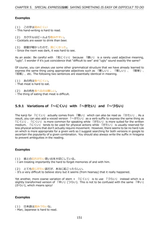 CHAPTER 5. SPECIAL EXPRESSIONS SAYING SOMETHING IS EASY OR DIFFICULT TO DO
                           5.9.


Examples


(１)  この字は読みにくい
- This hand-writing is hard to read.

(２)  カクテルはビールより飲みやすい。
- Cocktails are easier to drink than beer.

(３)  部屋が暗かったので、⾒にくかった。
- Since the room was dark, it was hard to see.

As an aside: Be careful with 「⾒にくい」 because 「醜い」 is a rarely used adjective meaning,
"ugly". I wonder if it's just coincidence that "diﬃcult to see" and "ugly" sound exactly the same?

Of course, you can always use some other grammatical structure that we have already learned to
express the same thing using appropriate adjectives such as 「難しい」 、 「易しい」 、 「簡単」 、
「容易」、etc. The following two sentences are essentially identical in meaning.

(１)  あの⾁は⾷べにくい。
- That meat is hard to eat.

(２)  あの⾁を⾷べるのは難しい。
- The thing of eating that meat is diﬃcult.



5.9.1 Variations of 「〜にくい」 with 「〜がたい」 and 「〜づらい」

The kanji for 「にくい」 actually comes from 「難い」 which can also be read as 「かたい」. As a
result, you can also add a voiced version 「〜がたい」 as a verb suﬃx to express the same thing as
「にくい」. 「にくい」 is more common for speaking while 「がたい」 is more suited for the written
medium. 「にくい」 tends to be used for physical actions while 「がたい」 is usually reserved for
less physical actions that don't actually require movement. However, there seems to be no hard rule
on which is more appropriate for a given verb so I suggest searching for both versions in google to
ascertain the popularity of a given combination. You should also always write the suﬃx in hiragana
to prevent ambiguities in the reading.



Examples


(１)  彼との忘れがたい思い出を⼤切にしている。
- I am treating importantly the hard to forget memories of and with him.

(２)  とても信じがたい話だが、本当に起こったらしい。
- It's a very diﬃcult to believe story but it seems (from hearsay) that it really happened.

Yet another, more coarse variation of stem + 「にくい」 is to use 「づらい」 instead which is a
slightly transformed version of 「⾟い」(つらい). This is not to be confused with the same 「⾟い」
(からい), which means spicy!



Examples


(１)  ⽇本語は読みづらいな。
- Man, Japanese is hard to read.


                                                 151
 
