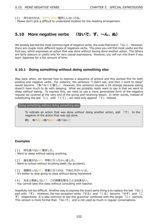 5.10. MORE NEGATIVE VERBS                                  CHAPTER 5. SPECIAL EXPRESSIONS


(２)  待ち合わせは、分かりづらい場所にしないでね。
- Please don't pick a diﬃcult to understand location for the meeting arrangement.




5.10      More negative verbs  （ないで、ず、〜ん、ぬ）

We already learned the most common type of negative verbs; the ones that end in 「ない」. However,
there are couple more diﬀerent types of negatives verbs. The ones you will ﬁnd most useful are the
ﬁrst two, which expresses an action that was done without having done another action. The others
are fairly obscure or useful only for very casual expressions. However, you will run into them if you
learn Japanese for a fair amount of time.



5.10.1 Doing something without doing something else

Way back when, we learned how to express a sequence of actions and this worked ﬁne for both
positive and negative verbs. For instance, the sentence "I didn't eat, and then I went to sleep"
would become 「⾷べなくて寝た。 However, this sentence sounds a bit strange because eating
                                 」
doesn't have much to do with sleeping. What we probably really want to say is that we went to
sleep without eating. To express this, we need to use a more generalized form of the negative
request we covered at the very end of the giving and receiving lesson. In other words, instead of
substituting the last 「い」 with 「くて」, we need only append 「で」 instead.

  D
  . oing something without doing something else

       To indicate an action that was done without doing another action, add 「で」 to the
  .    negative of the action that was not done. .
       例)  ⾷べる →⾷べない →⾷べないで




Examples


(１)  何も⾷べないで寝ました。
- Went to sleep without eating anything.

(２)  ⻭を磨かないで、学校に⾏っちゃいました。
- Went to school without brushing teeth (by accident).

(３)  宿題をしないで、授業に⾏くのは、やめた⽅がいいよ。
- It's better to stop going to class without doing homework.

(４)  先⽣と相談しないで、この授業を取ることは出来ない。
- You cannot take this class without consulting with teacher.

Hopefully not too diﬃcult. Another way to express the exact same thing is to replace the last 「ない」
part with 「ず」. However, the two exception verbs 「する」 and 「くる」 become 「せず」 and 「こ
ず」 respectively. It is also common to see this grammar combined with the target 「に」 particle.
This version is more formal than 「ないで」 and is not used as much in regular conversations.




                                                152
 