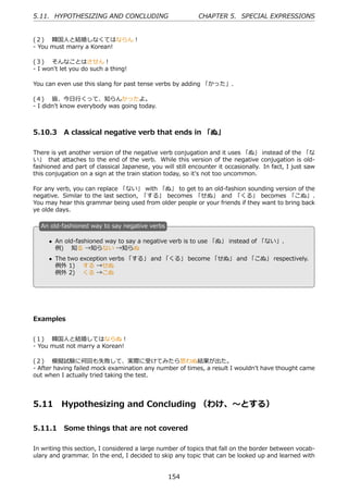 5.11. HYPOTHESIZING AND CONCLUDING                          CHAPTER 5. SPECIAL EXPRESSIONS


(２)  韓国⼈と結婚しなくてはならん！
- You must marry a Korean!

(３)  そんなことはさせん！
- I won't let you do such a thing!

You can even use this slang for past tense verbs by adding 「かった」.

(４)  皆、今⽇⾏くって、知らんかったよ。
- I didn't know everybody was going today.



5.10.3 A classical negative verb that ends in 「ぬ」

There is yet another version of the negative verb conjugation and it uses 「ぬ」 instead of the 「な
い」 that attaches to the end of the verb. While this version of the negative conjugation is old-
fashioned and part of classical Japanese, you will still encounter it occasionally. In fact, I just saw
this conjugation on a sign at the train station today, so it's not too uncommon.

For any verb, you can replace 「ない」 with 「ぬ」 to get to an old-fashion sounding version of the
negative. Similar to the last section, 「する」 becomes 「せぬ」 and 「くる」 becomes 「こぬ」.
You may hear this grammar being used from older people or your friends if they want to bring back
ye olde days.

  A
  . n old-fashioned way to say negative verbs

      • An old-fashioned way to say a negative verb is to use 「ぬ」 instead of 「ない」.
        例)  知る →知らない →知らぬ
  .                                             .
      • The two exception verbs 「する」 and 「くる」 become 「せぬ」 and 「こぬ」 respectively.
        例外 1)  する →せぬ
        例外 2)  くる →こぬ




Examples


(１)  韓国⼈と結婚してはならぬ！
- You must not marry a Korean!

(２)  模擬試験に何回も失敗して、実際に受けてみたら思わぬ結果が出た。
- After having failed mock examination any number of times, a result I wouldn't have thought came
out when I actually tried taking the test.




5.11      Hypothesizing and Concluding （わけ、〜とする）

5.11.1 Some things that are not covered

In writing this section, I considered a large number of topics that fall on the border between vocab-
ulary and grammar. In the end, I decided to skip any topic that can be looked up and learned with


                                                 154
 