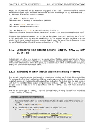 CHAPTER 5. SPECIAL EXPRESSIONS                     5.12. EXPRESSING TIME-SPECIFIC ACTIONS


As you can see, the verb 「する」 has been conjugated to the 「たら」 conditional form to consider
what would happen if you assume a certain case. You can also change 「する」 to the te-form (し
て) and use it as a sequence of actions like so:

(３)  観客として参加させてもらった。
- Received favor of allowing to participate as spectator.

(４)  被害者としては、⾮常に幸いだった。
- As a victim, was extremely fortunate.

(５)  朝ご飯を⾷べたとしても、もう昼だからお腹が空いたでしょう。
- Even assuming that you ate breakfast, because it's already noon, you're probably hungry, right?

The same idea applies here as well. In (３), you are doing like a "spectator" and doing like a "victim"
in (４) and ﬁnally, doing like you ate breakfast in (５). So you can see why the same grammar
applies for all these types of sentences because they all mean the same thing in Japanese (minus
the use of additional particles and various conjugations of 「する」).




5.12      Expressing time-speciﬁc actions （ばかり、 とたんに、 なが
          ら、まくる）

In this lesson, we will go over various ways to express actions that take place in a certain time-frame.
In particular, we will learn how to say: 1) an action has just been completed, 2) an action is taken
immediately after another action took place, 3) an action occurs while another action is ongoing,
and 4) one continuously repeats an action.



5.12.1 Expressing an action that was just completed using 「〜ばかり」

This is a very useful grammar that is used to indicate that one has just ﬁnished doing something.
For instance, the ﬁrst time I really wished I knew how to say something like this was when I wanted
to politely decline an invitation to eat because I had just eaten. To do this, take the past tense of
verb that you want to indicate as just being completed and add 「ばかり」. This is used with only
the past tense of verbs and is not to be confused with the 「ばかり」 used with nouns to express
amounts.

Just like the other type of 「ばかり」 we have covered before, in slang, you can hear people use
「ばっか」 instead of 「ばかり」.

   U
   . sing 「ばかり」for actions just completed

      • To indicate that an action has ended just recently, take the past tense of the verb and add
       「ばかり」.
        例)  ⾷べる →⾷べた →⾷べたばかり
      • For casual speech, you can abbreviate 「ばかり」 to just 「ばっか」
  .     例)  ⾷べたばかり → ⾷べたばっか                    .

                     You can treat the result as you would with any noun.
                    Positive                         Negative
                  ⾷べたばかり (だ) Just ate ⾷べたばかりじゃない Didn't just eat




                                                 157
 
