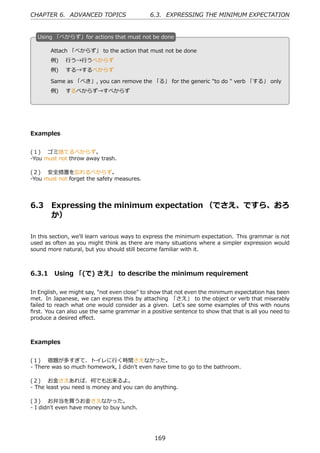CHAPTER 6. ADVANCED TOPICS                   6.3. EXPRESSING THE MINIMUM EXPECTATION


  U
  . sing 「べからず」for actions that must not be done

       Attach 「べからず」 to the action that must not be done
       例)  ⾏う→⾏うべからず
  .    例)  する→するべからず                             .

       Same as 「べき」, you can remove the 「る」 for the generic "to do " verb 「する」 only
       例)  するべからず→すべからず




Examples


(１)  ゴミ捨てるべからず。
-You must not throw away trash.

(２)  安全措置を忘れるべからず。
-You must not forget the safety measures.




6.3    Expressing the minimum expectation （でさえ、ですら、おろ
       か）

In this section, we'll learn various ways to express the minimum expectation. This grammar is not
used as often as you might think as there are many situations where a simpler expression would
sound more natural, but you should still become familiar with it.



6.3.1 Using 「(で) さえ」 to describe the minimum requirement

In English, we might say, "not even close" to show that not even the minimum expectation has been
met. In Japanese, we can express this by attaching 「さえ」 to the object or verb that miserably
failed to reach what one would consider as a given. Let's see some examples of this with nouns
ﬁrst. You can also use the same grammar in a positive sentence to show that that is all you need to
produce a desired eﬀect.



Examples


(１)  宿題が多すぎて、トイレに⾏く時間さえなかった。
- There was so much homework, I didn't even have time to go to the bathroom.

(２)  お⾦さえあれば、何でも出来るよ。
- The least you need is money and you can do anything.

(３)  お弁当を買うお⾦さえなかった。
- I didn't even have money to buy lunch.




                                               169
 