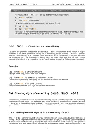 CHAPTER 6. ADVANCED TOPICS                                 6.4. SHOWING SIGNS OF SOMETHING


  「
  . (で) すら」is used in exactly the same way as 「(で) さえ」and means the same thing to boot

        For nouns, attach 「すら」 or 「ですら」 to the minimum requirement
        例)  私すら - Even me
        例)  ⼦供ですら - Even children
        For verbs, change the verb to the stem and attach 「さえ」
                                                 .
  .
        例)  ⾷べる →⾷べすら
        例)  ⾏く →⾏き →⾏きすら
        However, it is more common to attach the generic noun 「こと」 to the verb and just treat
        the whole thing as a regular noun. (ie ⾷べることすら and ⾏くことすら)




6.3.3 「おろか」 - It's not even worth considering

I suspect this grammar comes from the adjective 「愚か」 which means to be foolish or stupid.
However, in this case, you're not making fun of something, rather by using 「おろか」 , you can
indicate that something is so ridiculous that it's not even worth considering. In English, we might
say something like, "Are you kidding? I can't touch my knees much less do a full split!" In this
example, the full split is so beyond the person's abilities that it would be foolish to even consider it.



Examples


(１)  漢字はおろか、ひらがなさえ読めないよ！
- Forget about kanji, I can't even read hiragana!

(２)  結婚はおろか、2ヶ⽉付き合って、結局別れてしまった。
- We eventually broke up after going out two months much less get married.

(３)  ⼤学はおろか、⾼校すら卒業しなかった。
- I didn't even graduate from high school much less college.




6.4     Showing signs of something （〜がる、ばかり、〜めく）

In this lesson, we'll learn various expressions involving how to describe people who are expressing
themselves without words. For example, we'll learn how to say expressions in Japanese such as
"They acted as if they were saying goodbye," "He acted disgusted," and "She acts like she wants to
go."



6.4.1 Showing outward signs of an emotion using 「〜がる」

The 「〜がる」 grammar is used when you want to make an observation about how someone is
feeling. This is simply an observation based on some type of sign(s). Therefore, you would not use
it for your own emotions since guessing about your own emotions is not necessary. This grammar
can only be used with adjectives so you can use this grammar to say, "He is acting scared," but


                                                  171
 