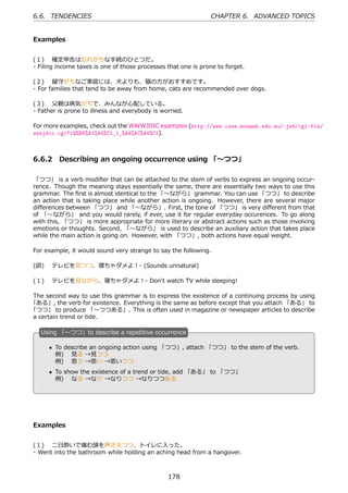 6.6. TENDENCIES                                                CHAPTER 6. ADVANCED TOPICS


Examples


(１)  確定申告は忘れがちな⼿続のひとつだ。
- Filing income taxes is one of those processes that one is prone to forget.

(２)  留守がちなご家庭には、⽝よりも、猫の⽅がおすすめです。
- For families that tend to be away from home, cats are recommended over dogs.

(３)  ⽗親は病気がちで、みんなが⼼配している。
- Father is prone to illness and everybody is worried.

For more examples, check out the WWWJDIC examples (http://www.csse.monash.edu.au/~jwb/cgi-bin/
wwwjdic.cgi?1Q%BE%A1%A4%C1_1_%A4%AC%A4%C1).



6.6.2 Describing an ongoing occurrence using 「〜つつ」

「つつ」 is a verb modiﬁer that can be attached to the stem of verbs to express an ongoing occur-
rence. Though the meaning stays essentially the same, there are essentially two ways to use this
grammar. The ﬁrst is almost identical to the 「〜ながら」 grammar. You can use 「つつ」 to describe
an action that is taking place while another action is ongoing. However, there are several major
diﬀerences between 「つつ」 and 「〜ながら」. First, the tone of 「つつ」 is very diﬀerent from that
of 「〜ながら」 and you would rarely, if ever, use it for regular everyday occurences. To go along
with this, 「つつ」 is more appropriate for more literary or abstract actions such as those involving
emotions or thoughts. Second, 「〜ながら」 is used to describe an auxiliary action that takes place
while the main action is going on. However, with 「つつ」, both actions have equal weight.

For example, it would sound very strange to say the following.

(誤)  テレビを⾒つつ、寝ちゃダメよ！- (Sounds unnatural)

(１)  テレビを⾒ながら、寝ちゃダメよ！- Don't watch TV while sleeping!

The second way to use this grammar is to express the existence of a continuing process by using
「ある」, the verb for existence. Everything is the same as before except that you attach 「ある」 to
「つつ」 to produce 「〜つつある」. This is often used in magazine or newspaper articles to describe
a certain trend or tide.

   U
   . sing 「〜つつ」to describe a repetitive occurrence

      • To describe an ongoing action using 「つつ」, attach 「つつ」 to the stem of the verb.
        例)  ⾒る →⾒つつ
  .     例)  思う →思い →思いつつ                       .
      • To show the existence of a trend or tide, add 「ある」 to 「つつ」
        例)  なる →なり →なりつつ →なりつつある




Examples


(１)  ⼆⽇酔いで痛む頭を押さえつつ、トイレに⼊った。
- Went into the bathroom while holding an aching head from a hangover.



                                                178
 