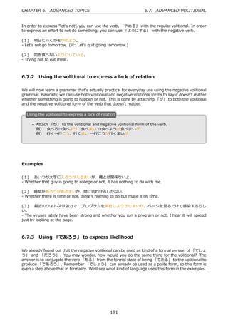 CHAPTER 6. ADVANCED TOPICS                                         6.7. ADVANCED VOLITIONAL


In order to express "let's not", you can use the verb, 「やめる」 with the regular volitional. In order
to express an eﬀort to not do something, you can use 「ようにする」 with the negative verb.

(１)  明⽇に⾏くのをやめよう。
- Let's not go tomorrow. (lit: Let's quit going tomorrow.)

(２)  ⾁を⾷べないようにしている。
- Trying not to eat meat.



6.7.2 Using the volitional to express a lack of relation

We will now learn a grammar that's actually practical for everyday use using the negative volitional
grammar. Basically, we can use both volitional and negative volitional forms to say it doesn't matter
whether something is going to happen or not. This is done by attaching 「が」 to both the volitional
and the negative volitional form of the verb that doesn't matter.

  U
  . sing the volitional to express a lack of relation

      • Attach 「が」 to the volitional and negative volitional form of the verb.
  .     例)  ⾷べる→⾷べよう、⾷べまい →⾷べようが⾷べまいが           .
        例)  ⾏く→⾏こう、⾏くまい →⾏こうが⾏くまいが




Examples


(１)  あいつが⼤学に⼊ろうが⼊るまいが、俺とは関係ないよ。
- Whether that guy is going to college or not, it has nothing to do with me.

(２)  時間があろうがあるまいが、間に合わせるしかない。
- Whether there is time or not, there's nothing to do but make it on time.

(３)  最近のウィルスは強⼒で、プログラムを実⾏しようがしまいが、ページを⾒るだけで感染するらし
い。
- The viruses lately have been strong and whether you run a program or not, I hear it will spread
just by looking at the page.



6.7.3 Using 「であろう」 to express likelihood

We already found out that the negative volitional can be used as kind of a formal version of 「でしょ
う」 and 「だろう」 . You may wonder, how would you do the same thing for the volitional? The
answer is to conjugate the verb 「ある」 from the formal state of being 「である」 to the volitional to
produce 「であろう」. Remember 「でしょう」 can already be used as a polite form, so this form is
even a step above that in formality. We'll see what kind of language uses this form in the examples.




                                                  181
 