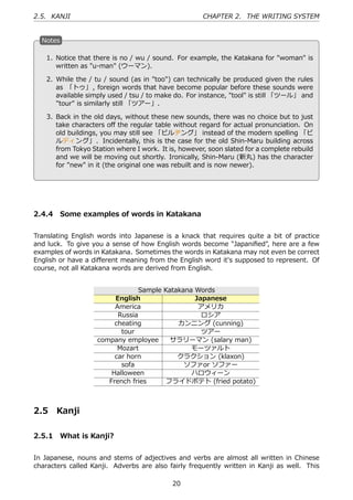 2.5. KANJI                                           CHAPTER 2. THE WRITING SYSTEM


  N
  . otes

    1. Notice that there is no / wu / sound. For example, the Katakana for "woman" is
       written as "u-man" (ウーマン).

   2. While the / tu / sound (as in "too") can technically be produced given the rules
      as 「トゥ」 , foreign words that have become popular before these sounds were
      available simply used / tsu / to make do. For instance, "tool" is still 「ツール」 and
      "tour" is similarly still 「ツアー」.
 .                                            .
   3. Back in the old days, without these new sounds, there was no choice but to just
      take characters oﬀ the regular table without regard for actual pronunciation. On
      old buildings, you may still see 「ビルヂング」 instead of the modern spelling 「ビ
      ルディング」 . Incidentally, this is the case for the old Shin-Maru building across
      from Tokyo Station where I work. It is, however, soon slated for a complete rebuild
      and we will be moving out shortly. Ironically, Shin-Maru (新丸) has the character
      for "new" in it (the original one was rebuilt and is now newer).




2.4.4 Some examples of words in Katakana


Translating English words into Japanese is a knack that requires quite a bit of practice
and luck. To give you a sense of how English words become "Japaniﬁed", here are a few
examples of words in Katakana. Sometimes the words in Katakana may not even be correct
English or have a diﬀerent meaning from the English word it's supposed to represent. Of
course, not all Katakana words are derived from English.


                                 Sample Katakana Words
                         English                 Japanese
                         America                  アメリカ
                          Russia                   ロシア
                         cheating           カンニング (cunning)
                           tour                    ツアー
                    company employee      サラリーマン (salary man)
                          Mozart                モーツァルト
                         car horn           クラクション (klaxon)
                           sofa               ソファor ソファー
                        Halloween               ハロウィーン
                       French fries      フライドポテト (fried potato)



2.5    Kanji

2.5.1 What is Kanji?


In Japanese, nouns and stems of adjectives and verbs are almost all written in Chinese
characters called Kanji. Adverbs are also fairly frequently written in Kanji as well. This

                                           20
 