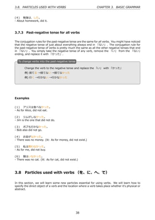 3.8. PARTICLES USED WITH VERBS                                    CHAPTER 3. BASIC GRAMMAR


(４)  勉強は、した。
- About homework, did it.



3.7.3 Past-negative tense for all verbs

The conjugation rules for the past-negative tense are the same for all verbs. You might have noticed
that the negative tense of just about everything always end in 「ない」. The conjugation rule for
the past-negative tense of verbs is pretty much the same as all the other negative tenses that end
in 「ない」. You simply take the negative tense of any verb, remove the 「い」 from the 「ない」
ending, and replace it with 「かった」.

  T
  . o change verbs into the past-negative tense

        Change the verb to the negative tense and replace the 「い」 with 「かった」
  .     例) 捨てる →捨てない →捨てなかった                    .

        例) ⾏く →⾏かない →⾏かなかった




Examples


(１)  アリスは⾷べなかった。
- As for Alice, did not eat.

(２)  ジムがしなかった。
- Jim is the one that did not do.

(３)  ボブも⾏かなかった。
- Bob also did not go.

(４)  お⾦がなかった。
- There was no money. (lit: As for money, did not exist.)

(５)  私は買わなかった。
- As for me, did not buy.

(６)  猫はいなかった。
- There was no cat. (lit: As for cat, did not exist.)




3.8     Particles used with verbs （を、に、へ、で）

In this section, we will learn some new particles essential for using verbs. We will learn how to
specify the direct object of a verb and the location where a verb takes place whether it's physical or
abstract.




                                                   38
 
