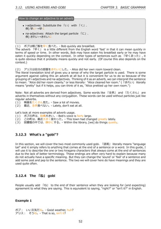 3.12. USING ADVERBS AND GOBI                                      CHAPTER 3. BASIC GRAMMAR


  H
  . ow to change an adjective to an adverb

      • i-adjectives: Substitute the 「い」 with 「く」.
        例) 早い →早く
  .                                               .
      • na-adjectives: Attach the target particle 「に」.
        例) きれい→きれいに


(１)  ボブは朝ご飯を早く⾷べた。- Bob quickly ate breakfast.
The adverb 「早く」 is a little diﬀerent from the English word 'fast' in that it can mean quickly in
terms of speed or time. In other words, Bob may have eaten his breakfast early or he may have
eaten it quickly depending on the context. In other types of sentences such as 「早く⾛った」 , it
is quite obvious that it probably means quickly and not early. (Of course this also depends on the
context.)

(２)  アリスは⾃分の部屋をきれいにした。- Alice did her own room toward clean.
The literal translation kind of gives you a sense of why the target particle is used. There is some
argument against calling this an adverb at all but it is convenient for us to do so because of the
grouping of i-adjectives and na-adjectives. Thinking of it as an adverb, we can interpret the sentence
to mean: "Alice did her room cleanly." or less literally: "Alice cleaned her room." (「きれい」 literally
means "pretty" but if it helps, you can think of it as, "Alice prettied up her own room.")

Note: Not all adverbs are derived from adjectives. Some words like 「全然」 and 「たくさん」 are
adverbs in themselves without any conjugation. These words can be used without particles just like
regular adverbs.
(１)  映画をたくさん⾒た。- Saw a lot of movies.
(２)  最近、全然⾷べない。- Lately, don't eat at all.

Let's look at more examples of adverb usage.
(１)  ボブの声は、結構⼤きい。- Bob's voice is fairly large.
(２)  この町は、最近⼤きく変わった。- This town had changed greatly lately.
(３)  図書館の中では、静かにする。- Within the library, [we] do things quietly.



3.12.3 What's a "gobi"?

In this section, we will cover the two most commonly used gobi. 「語尾」 literally means "language
tail" and it simply refers to anything that comes at the end of a sentence or a word. In this guide, I
will use it to describe the one or two hiragana characters that always come at the end of sentences
due to the lack of better terminology. These endings are often very hard to explain because many
do not actually have a speciﬁc meaning. But they can change the 'sound' or 'feel' of a sentence and
add some zest and pep to the sentence. The two we will cover here do have meanings and they are
used quite often.



3.12.4 The 「ね」 gobi

People usually add 「ね」 to the end of their sentence when they are looking for (and expecting)
agreement to what they are saying. This is equivalent to saying, "right?" or "isn't it?" in English.



Example 1


ボブ： いい天気だね。- Good weather, huh?
アリス： そうね。- That is so, isn't it?


                                                 52
 