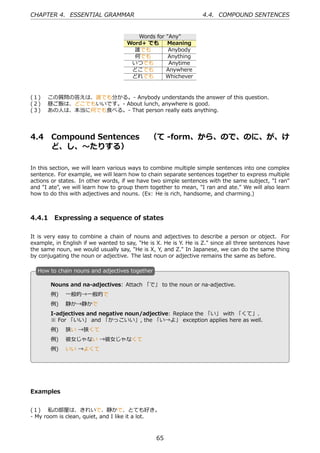 CHAPTER 4. ESSENTIAL GRAMMAR                                      4.4. COMPOUND SENTENCES


                                        Words for "Any"
                                     Word+ でも     Meaning
                                       誰でも         Anybody
                                       何でも         Anything
                                      いつでも         Anytime
                                      どこでも        Anywhere
                                      どれでも        Whichever


(１)  この質問の答えは、誰でも分かる。- Anybody understands the answer of this question.
(２)  昼ご飯は、どこでもいいです。- About lunch, anywhere is good.
(３)  あの⼈は、本当に何でも⾷べる。- That person really eats anything.




4.4     Compound Sentences  （て -form、から、ので、のに、が、け
        ど、し、〜たりする）

In this section, we will learn various ways to combine multiple simple sentences into one complex
sentence. For example, we will learn how to chain separate sentences together to express multiple
actions or states. In other words, if we have two simple sentences with the same subject, "I ran"
and "I ate", we will learn how to group them together to mean, "I ran and ate." We will also learn
how to do this with adjectives and nouns. (Ex: He is rich, handsome, and charming.)



4.4.1 Expressing a sequence of states

It is very easy to combine a chain of nouns and adjectives to describe a person or object. For
example, in English if we wanted to say, "He is X. He is Y. He is Z." since all three sentences have
the same noun, we would usually say, "He is X, Y, and Z." In Japanese, we can do the same thing
by conjugating the noun or adjective. The last noun or adjective remains the same as before.

  H
  . ow to chain nouns and adjectives together

       Nouns and na-adjectives: Attach 「で」 to the noun or na-adjective.
       例)  ⼀般的→⼀般的で
       例)  静か→静かで
       I-adjectives and negative noun/adjective: Replace the 「い」 with 「くて」.
                                            .
  .
       ※ For 「いい」 and 「かっこいい」, the 「い→よ」 exception applies here as well.
       例)  狭い →狭くて
       例)  彼⼥じゃない →彼⼥じゃなくて
       例)  いい →よくて




Examples


(１)  私の部屋は、きれいで、静かで、とても好き。
- My room is clean, quiet, and I like it a lot.



                                                65
 