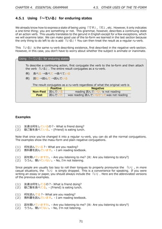 CHAPTER 4. ESSENTIAL GRAMMAR                                4.5. OTHER USES OF THE TE-FORM


4.5.1 Using 「〜ている」 for enduring states

We already know how to express a state of being using 「です」, 「だ」, etc. However, it only indicates
a one-time thing; you are something or not. This grammar, however, describes a continuing state
of an action verb. This usually translates to the gerund in English except for a few exceptions, which
we will examine later. We can make good use of the te-form we learned in the last section because
the only thing to do left to do is add 「いる」! You can then treat the result as a regular ru-verb.

This 「いる」 is the same ru-verb describing existence, ﬁrst described in the negative verb section.
However, in this case, you don't have to worry about whether the subject is animate or inanimate.

  U
  . sing 「〜ている」for enduring states

       To describe a continuing action, ﬁrst conjugate the verb to the te-form and then attach
       the verb 「いる」. The entire result conjugates as a ru-verb.
       例)  ⾷べる →⾷べて →⾷べている
       例)  読む →読んで →読んでいる                         .
  .
             The result conjugates as a ru-verb regardless of what the original verb is
                          Positive                       Negative
             Non-Past 読んでいる                  reading 読んでいないis not reading
               Past       読んでいた        was reading 読んでいなかったwas not reading




Examples


(１)  友達は何をしているの？- What is friend doing?
(２)  昼ご飯を⾷べている。- (Friend) is eating lunch.

Note that once you've changed it into a regular ru-verb, you can do all the normal conjugations.
The examples show the masu-form and plain negative conjugations.

(１)  何を読んでいる？- What are you reading?
(２)  教科書を読んでいます。- I am reading textbook.

(１)  話を聞いていますか。- Are you listening to me? (lit: Are you listening to story?)
(２)  ううん、聞いていない。- No, I'm not listening.

Since people are usually too lazy to roll their tongues to properly pronounce the 「い」 , in more
casual situations, the 「い」 is simply dropped. This is a convenience for speaking. If you were
writing an essay or paper, you should always include the 「い」. Here are the abbreviated versions
of the previous examples.

(１)  友達は何をしてるの？- What is friend doing?
(２)  昼ご飯を⾷べてる。- (Friend) is eating lunch.

(１)  何を読んでる？- What are you reading?
(２)  教科書を読んでいます。- I am reading textbook.

(１)  話を聞いていますか。- Are you listening to me? (lit: Are you listening to story?)
(２)  ううん、聞いてない。- No, I'm not listening.




                                                 71
 