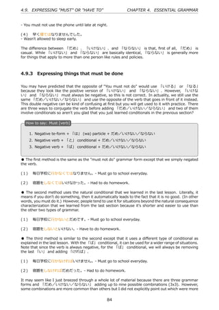 4.9. EXPRESSING "MUST" OR "HAVE TO"                          CHAPTER 4. ESSENTIAL GRAMMAR


- You must not use the phone until late at night.

(４)  早く寝てはなりませんでした。
- Wasn't allowed to sleep early.

The diﬀerence between 「だめ」 、 「いけない」 、 and 「ならない」 is that, ﬁrst of all, 「だめ」 is
casual. While 「いけない」 and 「ならない」 are basically identical, 「ならない」 is generally more
for things that apply to more than one person like rules and policies.



4.9.3 Expressing things that must be done

You may have predicted that the opposite of "You must not do" would use 「いける」 or 「なる」
because they look like the positive version of 「いけない」 and 「ならない」 . However, 「いけな
い」 and 「ならない」 must always be negative, so this is not correct. In actuality, we still use the
same 「だめ／いけない／ならない」 and use the opposite of the verb that goes in front of it instead.
This double negative can be kind of confusing at ﬁrst but you will get used to it with practice. There
are three ways to conjugate the verb before adding 「だめ／いけない／ならない」 and two of them
involve conditionals so aren't you glad that you just learned conditionals in the previous section?

  H
  . ow to say: Must [verb]

    1. Negative te-form + 「は」 (wa) particle + だめ／いけない／ならない
                                             .
  . 2. Negative verb + 「と」 conditional + だめ／いけない／ならない

    3. Negative verb + 「ば」 conditional + だめ／いけない／ならない


● The ﬁrst method is the same as the "must not do" grammar form except that we simply negated
the verb.

(１)  毎⽇学校に⾏かなくてはなりません。- Must go to school everyday.

(２)  宿題をしなくてはいけなかった。- Had to do homework.

● The second method uses the natural conditional that we learned in the last lesson. Literally, it
means if you don't do something, then it automatically leads to the fact that it is no good. (In other
words, you must do it.) However, people tend to use it for situations beyond the natural consequence
characterization that we learned from the last section because it's shorter and easier to use than
the other two types of grammar.

(１)  毎⽇学校に⾏かないとだめです。- Must go to school everyday.

(２)  宿題をしないといけない。- Have to do homework.

● The third method is similar to the second except that it uses a diﬀerent type of conditional as
explained in the last lesson. With the 「ば」 conditional, it can be used for a wider range of situations.
Note that since the verb is always negative, for the 「ば」 conditional, we will always be removing
the last 「い」 and adding 「ければ」.

(１)  毎⽇学校に⾏かなければいけません。- Must go to school everyday.

(２)  宿題をしなければだめだった。- Had to do homework.

It may seem like I just breezed through a whole lot of material because there are three grammar
forms and 「だめ／いけない／ならない」 adding up to nine possible combinations (3x3). However,
some combinations are more common than others but I did not explicitly point out which were more


                                                  84
 
