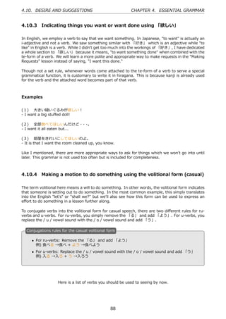 4.10. DESIRE AND SUGGESTIONS                               CHAPTER 4. ESSENTIAL GRAMMAR


4.10.3 Indicating things you want or want done using 「欲しい」

In English, we employ a verb to say that we want something. In Japanese, "to want" is actually an
i-adjective and not a verb. We saw something similar with 「好き」 which is an adjective while "to
like" in English is a verb. While I didn't get too much into the workings of 「好き」, I have dedicated
a whole section to 「欲しい」 because it means, "to want something done" when combined with the
te-form of a verb. We will learn a more polite and appropriate way to make requests in the "Making
Requests" lesson instead of saying, "I want this done."

Though not a set rule, whenever words come attached to the te-form of a verb to serve a special
grammatical function, it is customary to write it in hiragana. This is because kanji is already used
for the verb and the attached word becomes part of that verb.



Examples


(１)  ⼤きい縫いぐるみが欲しい！
- I want a big stuﬀed doll!

(２)  全部⾷べてほしいんだけど・ ・         ・ 。
- I want it all eaten but...

(３)  部屋をきれいにしてほしいのよ。
- It is that I want the room cleaned up, you know.

Like I mentioned, there are more appropriate ways to ask for things which we won't go into until
later. This grammar is not used too often but is included for completeness.



4.10.4 Making a motion to do something using the volitional form (casual)

The term volitional here means a will to do something. In other words, the volitional form indicates
that someone is setting out to do something. In the most common example, this simply translates
into the English "let's" or "shall we?" but we'll also see how this form can be used to express an
eﬀort to do something in a lesson further along.

To conjugate verbs into the volitional form for casual speech, there are two diﬀerent rules for ru-
verbs and u-verbs. For ru-verbs, you simply remove the 「る」 and add 「よう」. For u-verbs, you
replace the / u / vowel sound with the / o / vowel sound and add 「う」.

  C
  . onjugations rules for the casual volitional form

      • For ru-verbs: Remove the 「る」 and add 「よう」
        例) ⾷べる →⾷べ + よう →⾷べよう
  .                                              .
      • For u-verbs: Replace the / u / vowel sound with the / o / vowel sound and add 「う」
        例) ⼊る →⼊ろ + う →⼊ろう




                   Here is a list of verbs you should be used to seeing by now.




                                                 88
 