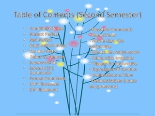 Table of Contents (SecondSemester) Conditional Tense PresentPerfectPastPerfectSubjunctivePerfectTan and Tanto  Saber vs. ConocerImpersonal Se Informal (Tu) CommandsFormal CommandsDOP PlacementIOP Placement Nosotros Commands