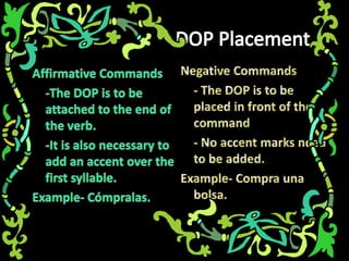 Past Perfect Tense Irregulars (same as present) abrir (to open) - abiertocubrir (to cover) - cubiertodecir (to say) - dichoescribir (to write) - escritofreír (to fry) - fritohacer (to do) - hechomorir (to die) - muertoponer (to put) - puestoresolver (to resolve) - resueltoromper (to break) - rotover (to see) - vistovolver (to return) - vueltoDroptheinfinitiveending (-ir, -er, or –ar) Thenforanarverbaddado, orforaner/ir verbadd ido. Example- El restaurante esta abierto. (The restaurant is open) 