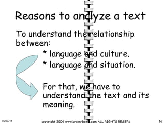 Reasons to analyze a text   To understand the relationship between:  * language and culture.  * language and situation.  For that, we have to  understand the text and its  meaning.  