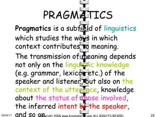 PRAGMATICS Pragmatics  is a subfield of  linguistics  which studies the ways in which context contributes to meaning.  The transmission of meaning depends not only on the  linguistic knowledge  (e.g. grammar, lexicon etc.) of the speaker and listener, but also on  the context of the utterance , knowledge about  the status of those involved , the inferred  intent of the speaker , and so on.   