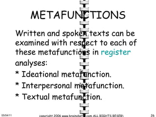 METAFUNCTIONS Written and spoken texts can be examined with respect to each of these metafunctions in  register  analyses: * Ideational metafunction. * Interpersonal metafunction. * Textual metafunction. 