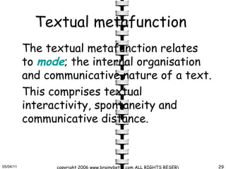 Textual metafunction   The textual metafunction relates to  mode ; the internal organisation and communicative nature of a text. This comprises textual interactivity, spontaneity and communicative distance.   