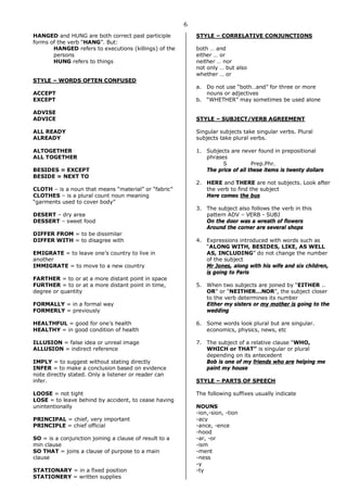 6
HANGED and HUNG are both correct past participle
forms of the verb “HANG”. But:
HANGED refers to executions (killings) of the
persons
HUNG refers to things
STYLE – WORDS OFTEN CONFUSED
ACCEPT
EXCEPT
ADVISE
ADVICE
ALL READY
ALREADY
ALTOGETHER
ALL TOGETHER
BESIDES = EXCEPT
BESIDE = NEXT TO
CLOTH – is a noun that means “material” or “fabric”
CLOTHES – is a plural count noun meaning
“garments used to cover body”
DESERT – dry area
DESSERT – sweet food
DIFFER FROM = to be dissimilar
DIFFER WITH = to disagree with
EMIGRATE = to leave one’s country to live in
another
IMMIGRATE = to move to a new country
FARTHER = to or at a more distant point in space
FURTHER = to or at a more distant point in time,
degree or quantity
FORMALLY = in a formal way
FORMERLY = previously
HEALTHFUL = good for one’s health
HEALTHY = in good condition of health
ILLUSION = false idea or unreal image
ALLUSION = indirect reference
IMPLY = to suggest without stating directly
INFER = to make a conclusion based on evidence
note directly stated. Only a listener or reader can
infer.
LOOSE = not tight
LOSE = to leave behind by accident, to cease having
unintentionally
PRINCIPAL = chief, very important
PRINCIPLE = chief official
SO = is a conjunction joining a clause of result to a
min clause
SO THAT = joins a clause of purpose to a main
clause
STATIONARY = in a fixed position
STATIONERY = written supplies
STYLE – CORRELATIVE CONJUNCTIONS
both … and
either … or
neither … nor
not only … but also
whether … or
a. Do not use “both…and” for three or more
nouns or adjectives
b. “WHETHER” may sometimes be used alone
STYLE – SUBJECT/VERB AGREEMENT
Singular subjects take singular verbs. Plural
subjects take plural verbs.
1. Subjects are never found in prepositional
phrases
S Prep.Phr.
The price of all these items is twenty dollars
2. HERE and THERE are not subjects. Look after
the verb to find the subject
Here comes the bus
3. The subject also follows the verb in this
pattern ADV – VERB - SUBJ
On the door was a wreath of flowers
Around the corner are several shops
4. Expressions introduced with words such as
“ALONG WITH, BESIDES, LIKE, AS WELL
AS, INCLUDING” do not change the number
of the subject
Mr Jones, along with his wife and six children,
is going to Paris
5. When two subjects are joined by “EITHER ..
OR” or “NEITHER…NOR”, the subject closer
to the verb determines its number
Either my sisters or my mother is going to the
wedding
6. Some words look plural but are singular.
economics, physics, news, etc
7. The subject of a relative clause “WHO,
WHICH or THAT” is singular or plural
depending on its antecedent
Bob is one of my friends who are helping me
paint my house
STYLE – PARTS OF SPEECH
The following suffixes usually indicate
NOUNS
-ion,-sion, -tion
-acy
-ance, -ence
-hood
-ar, -or
-ism
-ment
-ness
-y
-ty
 