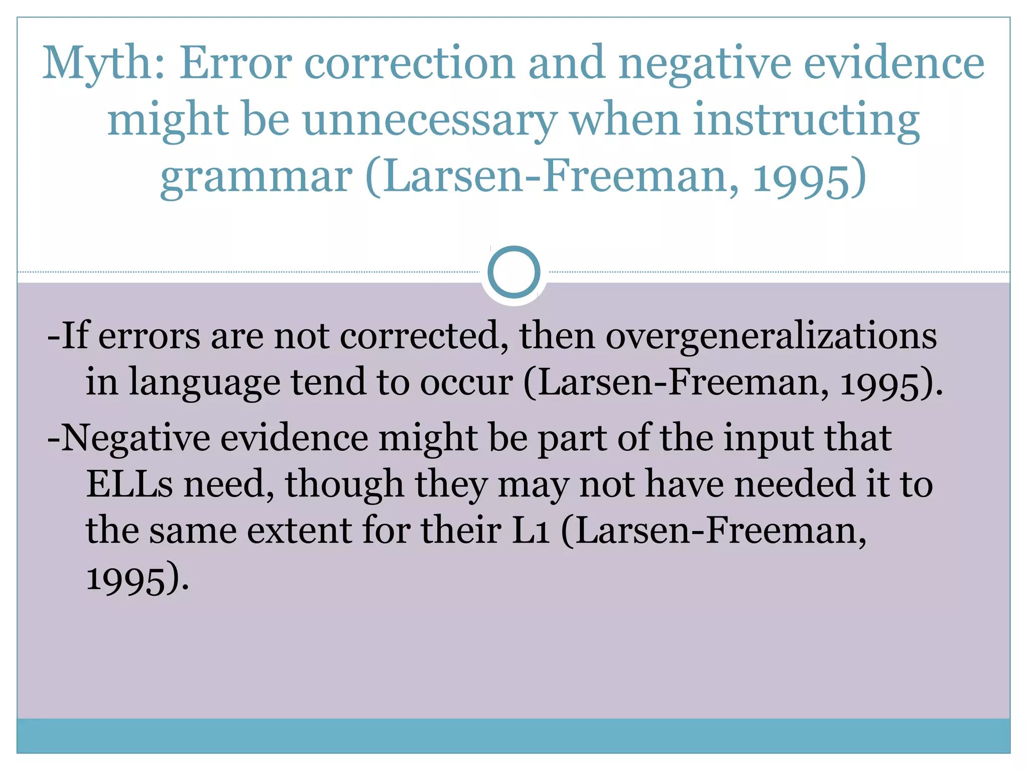 Myth: Error correction and negative evidence
might be unnecessary when instructing
grammar (Larsen-Freeman, 1995)
-If errors are not corrected, then overgeneralizations
in language tend to occur (Larsen-Freeman, 1995).
-Negative evidence might be part of the input that
ELLs need, though they may not have needed it to
the same extent for their L1 (Larsen-Freeman,
1995).
 