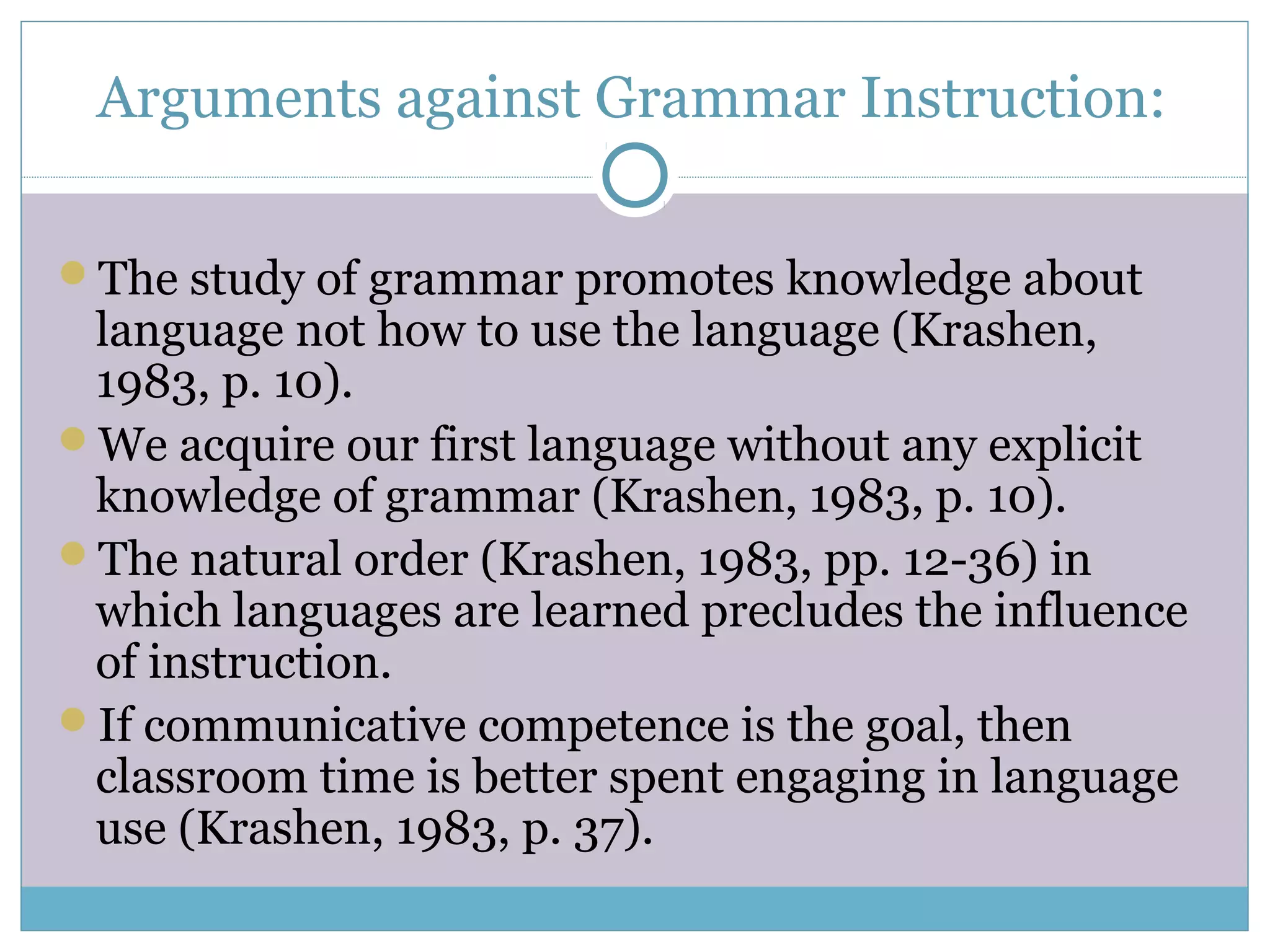 Arguments against Grammar Instruction:
The study of grammar promotes knowledge about
language not how to use the language (Krashen,
1983, p. 10).
We acquire our first language without any explicit
knowledge of grammar (Krashen, 1983, p. 10).
The natural order (Krashen, 1983, pp. 12-36) in
which languages are learned precludes the influence
of instruction.
If communicative competence is the goal, then
classroom time is better spent engaging in language
use (Krashen, 1983, p. 37).
 