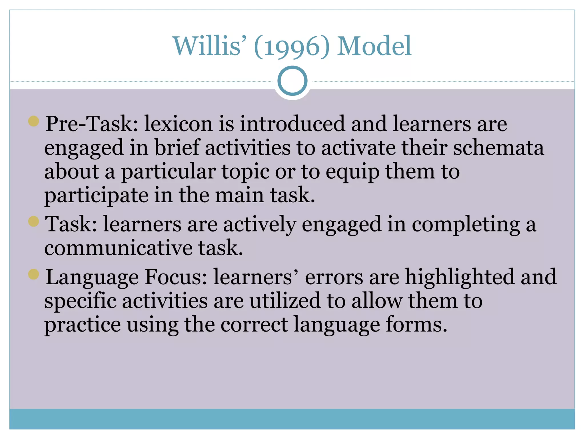 Willis’ (1996) Model
Pre-Task: lexicon is introduced and learners are
engaged in brief activities to activate their schemata
about a particular topic or to equip them to
participate in the main task.
Task: learners are actively engaged in completing a
communicative task.
Language Focus: learners’ errors are highlighted and
specific activities are utilized to allow them to
practice using the correct language forms.
 