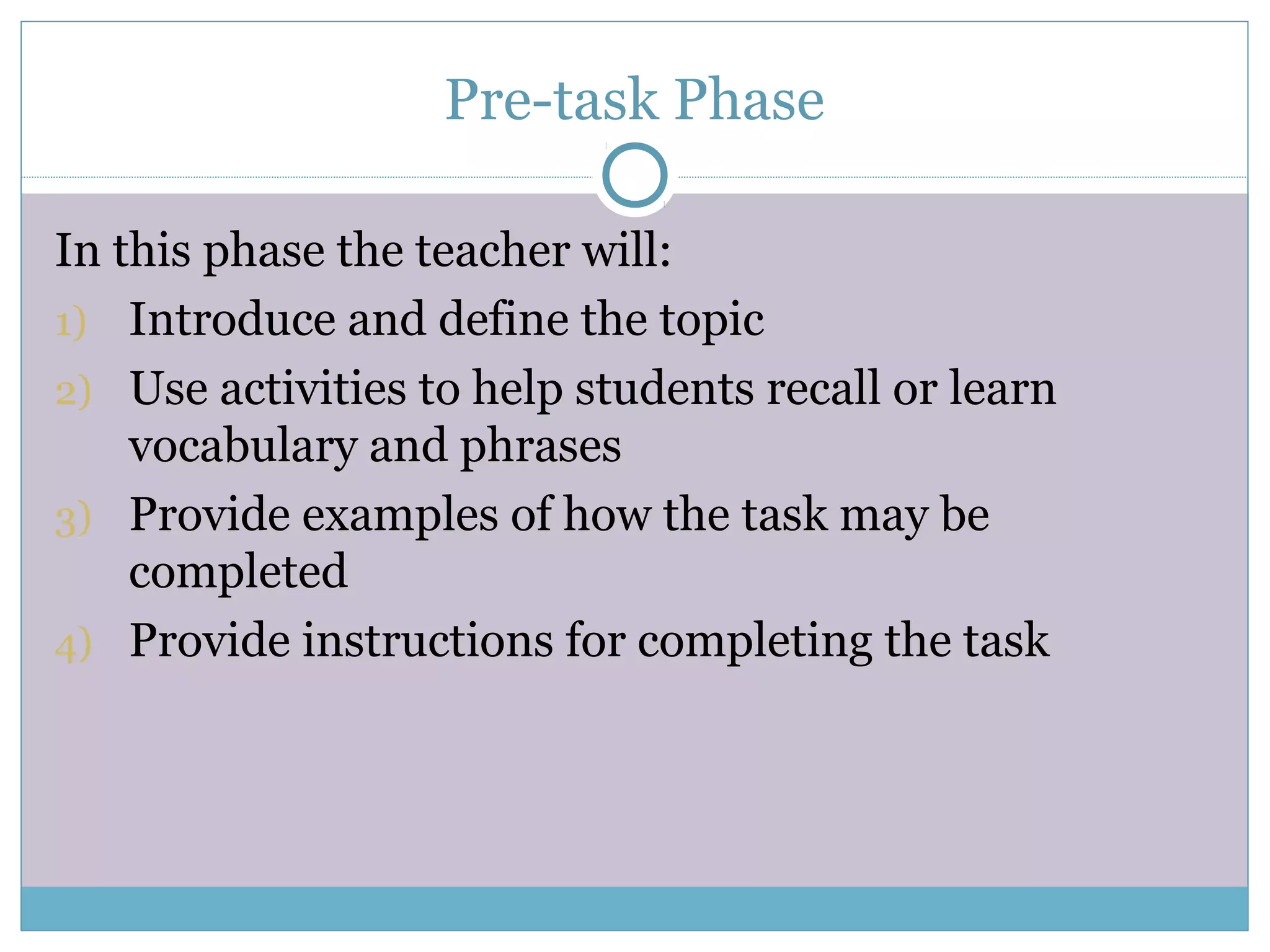 Pre-task Phase
In this phase the teacher will:
1) Introduce and define the topic
2) Use activities to help students recall or learn
vocabulary and phrases
3) Provide examples of how the task may be
completed
4) Provide instructions for completing the task
 