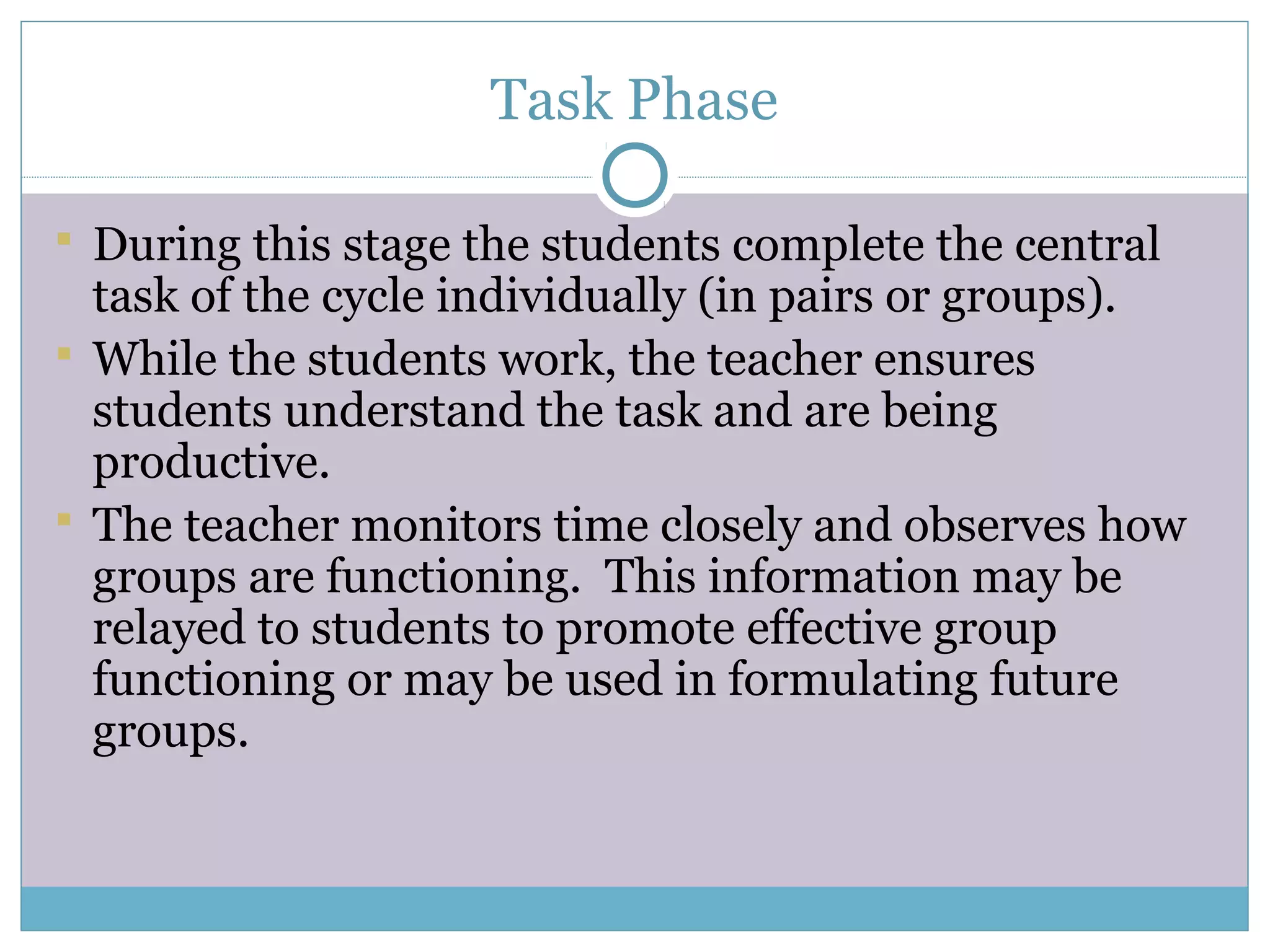 Task Phase
 During this stage the students complete the central
task of the cycle individually (in pairs or groups).
 While the students work, the teacher ensures
students understand the task and are being
productive.
 The teacher monitors time closely and observes how
groups are functioning. This information may be
relayed to students to promote effective group
functioning or may be used in formulating future
groups.
 
