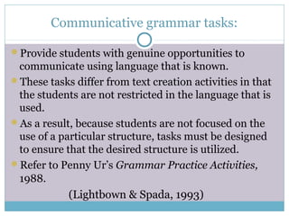 Communicative grammar tasks:

Provide students with genuine opportunities to
 communicate using language that is known.
These tasks differ from text creation activities in that
 the students are not restricted in the language that is
 used.
As a result, because students are not focused on the
 use of a particular structure, tasks must be designed
 to ensure that the desired structure is utilized.
Refer to Penny Ur’s Grammar Practice Activities,
 1988.
            (Lightbown & Spada, 1993)
 
