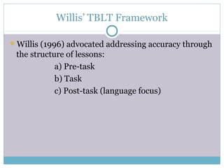 Willis’ TBLT Framework

Willis (1996) advocated addressing accuracy through
 the structure of lessons:
            a) Pre-task
            b) Task
            c) Post-task (language focus)
 
