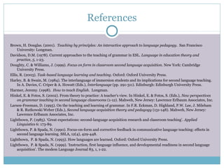 References

Brown, H. Douglas. (2001). Teaching by principles: An interactive approach to language pedagogy. San Francisco
     University: Longman.
Davidson, D.M. (1978). Current approaches to the teaching of grammar in ESL. Language in education theory and
     practice, 5, 1-23.
Doughty, C. & Williams, J. (1999). Focus on form in classroom second language acquisition. New York: Cambridge
     University Press.
Ellis, R. (2003). Task-based language learning and teaching. Oxford: Oxford University Press.
Harley, B. & Swain, M. (1984). The interlanguage of immersion students and its implications for second language teaching.
     In A. Davies, C. Criper & A. Howatt (Eds.), Interlanguage (pp. 291-311). Edinburgh: Edinburgh University Press.
Harmer, Jeremy. (1998). How to teach English. Longman.
Hinkel, E. & Fotos, S. (2002). From theory to practice: A teacher’s view. In Hinkel, E. & Fotos, S. (Eds.), New perspectives
     on grammar teaching in second language classrooms (1-12). Mahweh, New Jersey: Lawrence Erlbaum Associates, Inc.
Larsen-Freeman, D. (1995). On the teaching and learning of grammar. In F.R. Eckman, D. Highland, P.W. Lee, J. Mileham
     & R. Rutkowski Weber (Eds.), Second language acquisition theory and pedagogy (131-148). Mahweh, New Jersey:
     Lawrence Erlbaum Associates, Inc.
Lightbown, P. (1985). ‘Great expectations: second-language acquisition research and classroom teaching’. Applied
     Linguistics 6: 173-89.
Lightbown, P. & Spada, N. (1990). Focus-on-form and corrective feedback in communicative language teaching: effects in
     second language learning. SSLA, 12(4), 429-448.
Lightbown, P. & Spada, N. (1993). How languages are learned. Oxford: Oxford University Press.
Lightbown, P. & Spada, N. (1999). ‘Instruction, first language influence, and developmental readiness in second language
     acquisition’. The modem Language Journal 83, 1, 1-22.
 