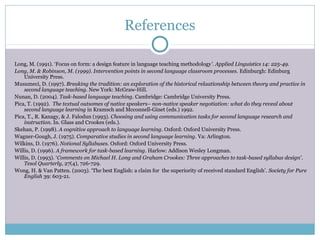 References

Long, M. (1991). ‘Focus on form: a design feature in language teaching methodology’. Applied Linguistics 14: 225-49.
Long, M. & Robinson, M. (1999). Intervention points in second language classroom processes. Edinburgh: Edinburg
    University Press.
Musumeci, D. (1997). Breaking the tradition: an exploration of the historical relaationship between theory and practice in
    second language teaching. New York: McGraw-Hill.
Nunan, D. (2004). Task-based language teaching. Cambridge: Cambridge University Press.
Pica, T. (1992). The textual outsomes of native speakers– non-native speaker negotiation: what do they reveal about
    second language learning in Kramsch and Mcconnell-Ginet (eds.) 1992.
Pica, T., R. Kanagy, & J. Falodun (1993). Choosing and using communication tasks for second language research and
    instruction. In. Glass and Crookes (eds.).
Skehan, P. (1998). A cognitive approach to language learning. Oxford: Oxford University Press.
Wagner-Gough, J. (1975). Comparative studies in second language learning. Va: Arlington.
Wilkins, D. (1976). Notional Syllabuses. Oxford: Oxford University Press.
Willis, D. (1996). A framework for task-based learning. Harlow: Addison Wesley Longman.
Willis, D. (1993). ‘Comments on Michael H. Long and Graham Crookes: Three approaches to task-based syllabus design’.
    Tesol Quarterly, 27(4), 726-729.
Wong, H. & Van Patten. (2003). ‘The best English: a claim for the superiority of received standard English’. Society for Pure
    English 39: 603-21.
 