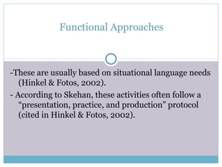 Functional Approaches



-These are usually based on situational language needs
   (Hinkel & Fotos, 2002).
- According to Skehan, these activities often follow a
   “presentation, practice, and production” protocol
   (cited in Hinkel & Fotos, 2002).
 