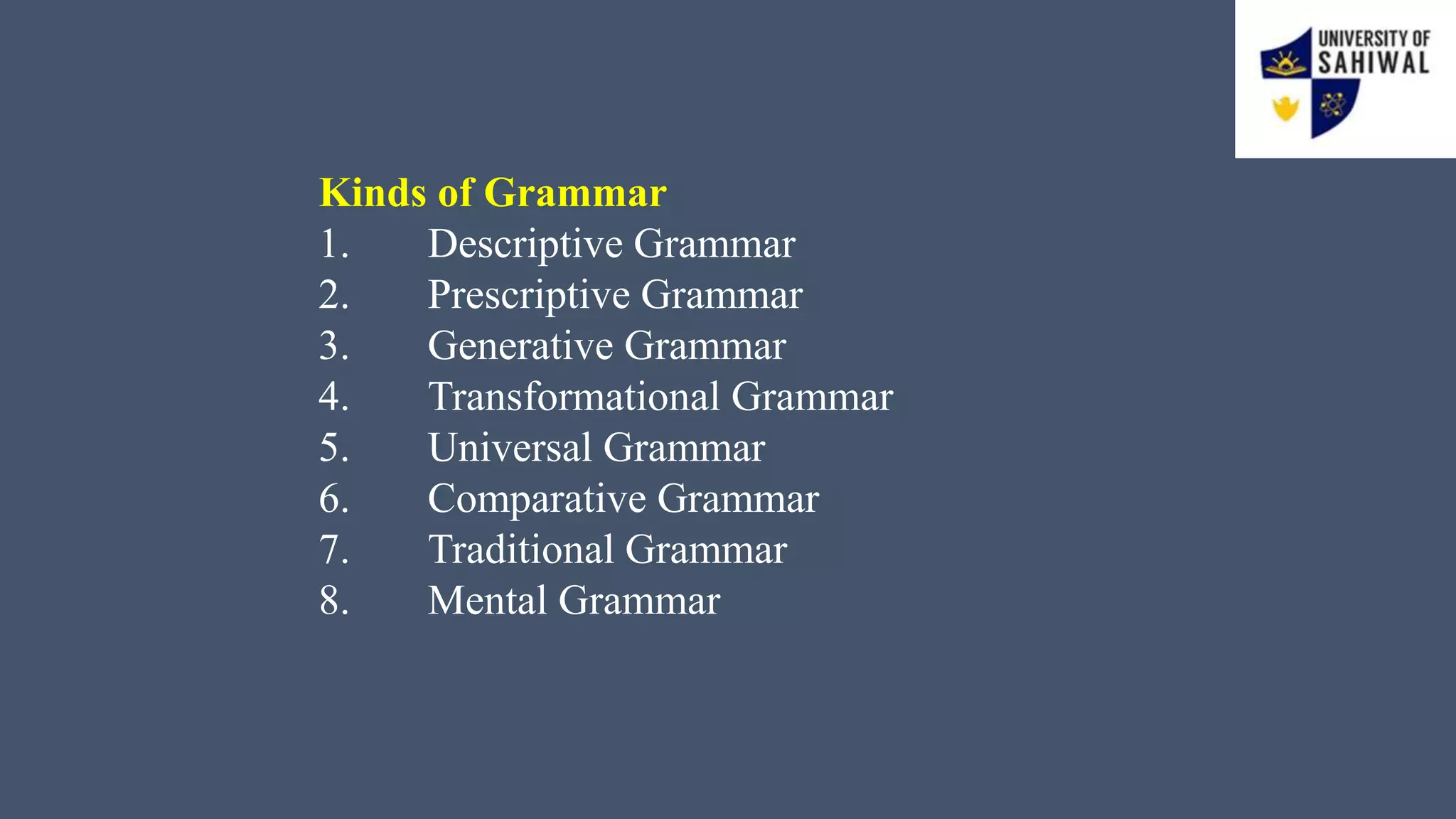 Kinds of Grammar
1. Descriptive Grammar
2. Prescriptive Grammar
3. Generative Grammar
4. Transformational Grammar
5. Universal Grammar
6. Comparative Grammar
7. Traditional Grammar
8. Mental Grammar
 