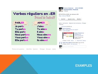 Carlos Valcárcel ht tp:/ / www.youtube.com/ watch? 
v= 3f r72huQPfU 
[Learn French] Les verbes en er 
www.youtube.com 
[Learn French] Les verbes en er 
4 f évrier, 12:09 · J’aime · 2 · Supprimer l’aperçu 
Isabel Pazos Baena dif f icile.Merci pour arrive 
4 f évrier, 22:03 · Je n’aime plus · 1 
Écrire un commentaire... 
Carlos Valcárcel 2014 IDIOMA 
ESTRANXEIRO: FRANCÉS 
4 f évrier 
ACTIVITÉ DU JOUR: les verbes en ER 
ht tp:/ / bit .ly/ 1fWnJYf 
Identif ier Ajouter un lieu Modif ier 
Carlos Valcárcel 
LA CHANSON DE LA TÂCHE 2: JE METS LE DOIGT DEVANT! 
Si les thaïlandais peuvent le faire, pourquoi pas nous? Il nous 
faut absolument apprendre cet te chorégraphie! 
J’aime · Commenter · Désact iver les not if icat ions · Partager 
· Modif ier 
4 personnes aiment ça. 
Carlos Valcárcel 
ht tp:/ / www.youtube.com/ watch? 
v= 3f r72huQPfU 
La Danse d'Hélène par des lycéens 
thaïlandais 
youtube.com 
Chanson "La Danse d'Hélène" de Real Joy 
chant ée et dansée par des élèves de seconde 
et première du lycée Woranari Chaloem de la 
ville de Songkhla au sud de l... 
Vu par 55 personnes 
LES PAROLES 
Je mets le doigt devant ,... 
Af f icher la suite 
J’aime · Commenter · Partager · 3 f évrier, 22:54, à proximit é de Pontevedra 
· Modif ié 
Photos de la publica… Identif ier Options Partager Envoyer J’aime 
11 personnes aiment ça. 
Discussion instantanée (Of f) 
Écrire un commentaire... 
Carlos Valcárcel 
FORMULAIRE DE REMISE POUR LA TÂCHE 1 
Il faut le remplir ! 
ht tps:/ / sites.google.com/ site/ langueet rangeref rancais/ taches/ t 
ache‑ 1‑ cou‑ cou‑ c‑ est ‑ moi/ remise‑ de‑ la‑ tache 
[Learn French] Les 
verbes en er 
www.youtube.com 
[Learn French] Les 
verbes en er 
4 f évrier, 12:09 · J’aime · 2 · Supprimer l’aperçu 
Isabel Pazos Baena dif f icile.Merci pour arrive 
4 f évrier, 22:03 · Je n’aime plus · 1 
Écrire un commentaire... 
EXAMPLES 
 