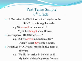 Past Tense Simple
6th Grade
o Affirmative: S+VB II form – for irregular verbs
S+VB+ed –for regular verbs
e.g We arrived in London at 10.
My father bought some flowers.
o Interrogative: DID+S+VB……?
e.g. Did we arrive in London at ten?
Did my father buy some flowers?
o Negative: S+DID+NOT+the infinitive form of
the verb
e.g. We did not arrive in London at 10.
My father did not buy some flowers.
 