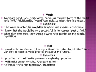 Would To create conditional verb forms. Serves as the past form of the modal verb "will." Additionally, "would" can indicate repetition in the past. Examples: If he were an actor, he  would  be in adventure movies. conditional I knew that she  would  be very successful in her career. past of "will"  When they first met, they  would  always have picnics on the beach. repetition  Will Is used with promises or voluntary actions that take place in the future. Can also be used to make predictions about the future. Examples: I promise that I  will  write you every single day. promise I  will  make dinner tonight. voluntary action He thinks it  will  rain tomorrow. prediction 