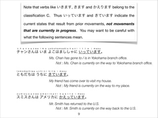 Note that verbs like いきます, きます and かえります belong to the
classiﬁcation C. Thus いっています and きています indicate the
current states that result from prior movements, not movements
that are currently in progress. You may want to be careful with
what the following sentences mean.
チャンさんは いま よこはまししゃに いっています。
c h a n s a n w a i m a y o k o h a m a s h i s h a n i i t t e i m a s u
ともだちは うちに きています。
t o m o d a c h i w a u c h i n i k i t e i m a s u
Ms. Chan has gone to / is in Yokohama branch ofﬁce.
My friend has come over to visit my house.
Not : Ms. Chan is currently on the way to Yokohama branch ofﬁce.
Not : My friend is currently on the way to my place.
スミスさんは アメリカに かえっています。
s u m i s u s a n w a a m e r i k a n i k a e t t e i m a s u
Mr. Smith has returned to the U.S.
Not : Mr. Smith is currently on the way back to the U.S.
9
 