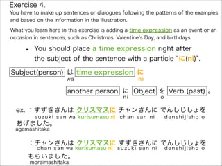 • You should place a time expression right after
the subject of the sentence with a particle に(ni) .
Exercise 4.
What you learn here in this exercise is adding a time expression as an event or an
occasion in sentences, such as Christmas, Valentine s Day, and birthdays.
ex. ：すずきさんは クリスマスに チャンさんに でんしじしょを 
あげました。
：チャンさんは クリスマスに すずきさんに でんしじしょを
もらいました。
Subject(person) は に
Verb (past)
suzuki san wa kurisumasu ni chan san ni denshijisho o
wa ni
time expression
You have to make up sentences or dialogues following the patterns of the examples
and based on the information in the illustration.
に
ni
another person Object を
o
。
agemashitaka
chan san wa kurisumasu ni suzuki san ni denshijisho o
moraimashitaka
 