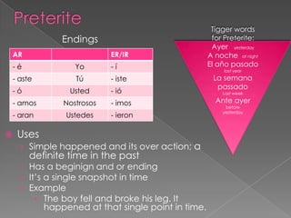 Tigger words
                 Endings                               for Preterite:
                                                       Ayer yesterday
    AR                       ER/IR                    A noche at night
    -é              Yo       -í                       El año pasado
                                                           last year

    - aste          Tú       - iste                    La semana
                                                        passado
    -ó             Usted     - ió                         Last week

    - amos       Nostrosos   - imos                     Ante ayer
                                                           before
                                                          yesterday
    - aran        Ustedes    - ieron

    Uses
      › Simple happened and its over action; a
         definite time in the past
      › Has a beginign and or ending
      › It’s a single snapshot in time
      › Example
          • The boy fell and broke his leg. It
             happened at that single point in time.
 
