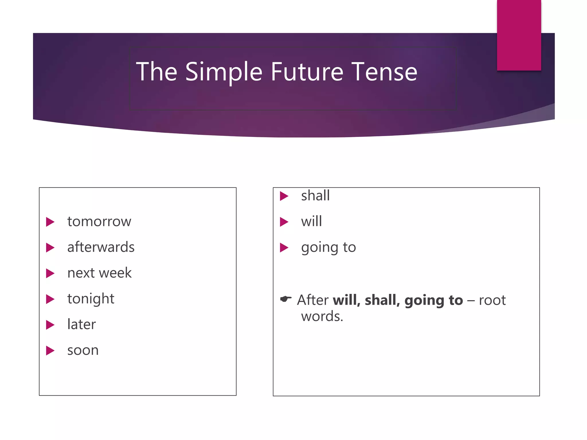 The Simple Future Tense
 tomorrow
 afterwards
 next week
 tonight
 later
 soon
 shall
 will
 going to
 After will, shall, going to – root
words.
 