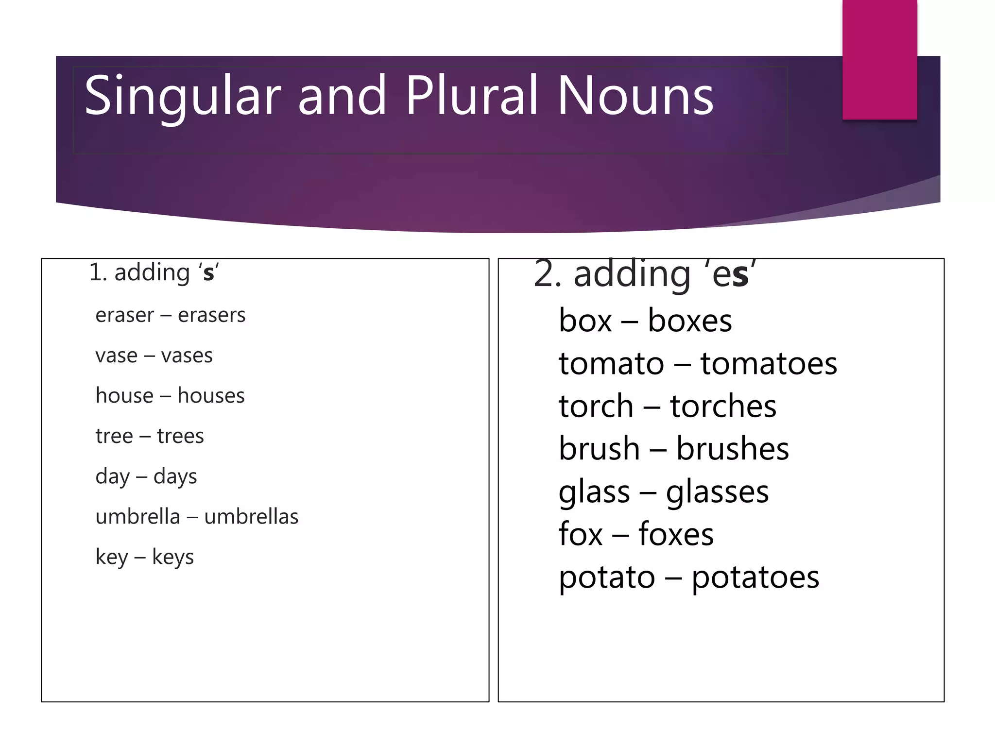 Singular and Plural Nouns
1. adding ‘s’
eraser – erasers
vase – vases
house – houses
tree – trees
day – days
umbrella – umbrellas
key – keys
2. adding ‘es’
box – boxes
tomato – tomatoes
torch – torches
brush – brushes
glass – glasses
fox – foxes
potato – potatoes
 