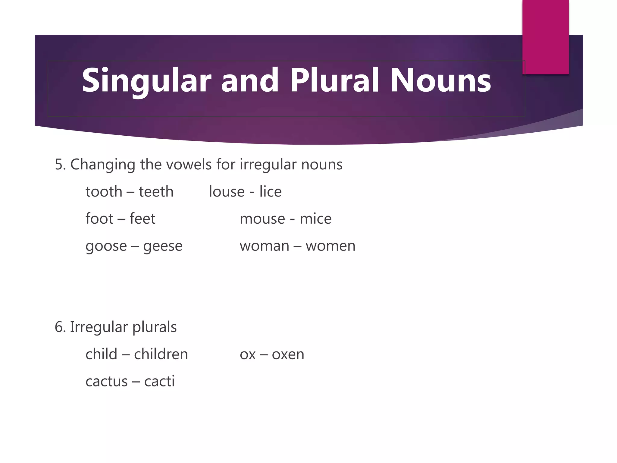 5. Changing the vowels for irregular nouns
tooth – teeth louse - lice
foot – feet mouse - mice
goose – geese woman – women
6. Irregular plurals
child – children ox – oxen
cactus – cacti
Singular and Plural Nouns
 
