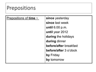Prepositions
Prepositions of time ~ since yesterday
since last week
until 6.00 p.m.
until year 2012
during the holidays
during dinner
before/after breakfast
before/after 3 o’clock
by Friday
by tomorrow
 