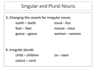5. Changing the vowels for irregular nouns
tooth – teeth louse - lice
foot – feet mouse - mice
goose – geese woman – women
6. Irregular plurals
child – children ox – oxen
cactus – cacti
Singular and Plural Nouns
 