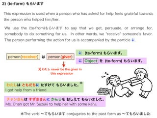 2) (te-form) もらいます

This expression is used when a person who has asked for help feels grateful towards
the person who helped him/her.

 We use the (te-from)もらいます to say that we get, persuade, or arrange for,
 somebody to do something for us.      In other words, we receive someone s favor.
 The person performing the action for us is accompanied by the particle に.


                                            に (te-form) もらいます。
   person(receiver) は person(giver)
                                            に Object を (te-form) もらいます。

                   X わたし never be the giver in
                          this expression


                           ＊
  わたしは ともだちに たすけて もらいました。
 I got help from a friend.

 チャンさんは すずきさんに かんじを おしえて もらいました。
 Ms. Chan got Mr. Suzuki to help her with some kanji.

         ＊The verb ∼てもらいます conjugates to the past form as ∼てもらいました.
 