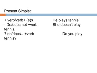 Present Simple:
+ verb/verb+ (e)s
- Do/does not +verb
tennis.
? do/does…+verb
tennis?

He plays tennis.
She doesn’t play
Do you play

 